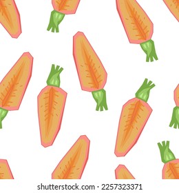 Carrot seamless pattern flat vector illustration on white background. Print design for fabrics, kitchen and restaurants menu, food packs.