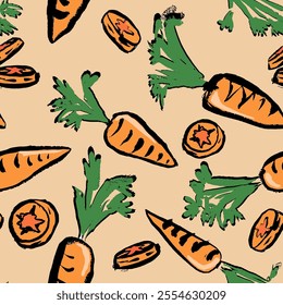 Carrot seamless pattern, hand draw. Vector with brushstrokes and texture.