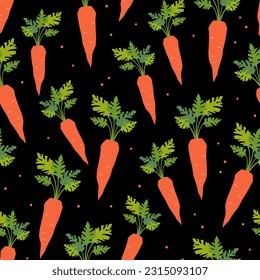 Carrot seamless pattern. Hand drawn vector illustration. Isolated objects on black background. 