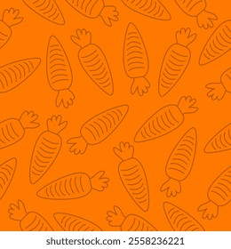 Carrot seamless pattern line art style on orange background. Carrot motif for kitchen accessories, store, wrap, menu and food packaging