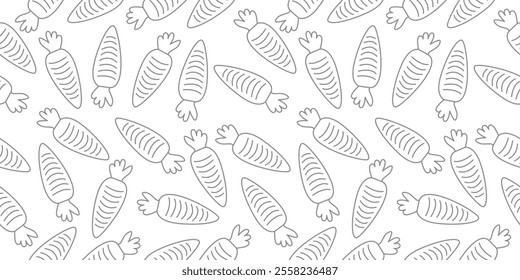 Carrot seamless pattern line art style. Carrot motif for kitchen accessories, store, wrap, menu and food packaging. Black and white color