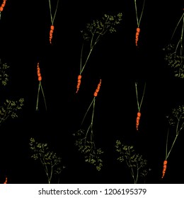 Carrot seamless pattern on black background. Vector illustration for ads, menu and web banner designs. Organic and healthy food concept.