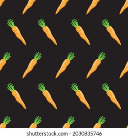 Carrot seamless pattern on black background. Flat cartoon design. Vector illustration.