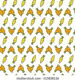 Carrot seamless pattern on white background. Children vector illustration. Cute graphic elements for kids. Cartoon hand drawn style.Wrapping, package, textile design.