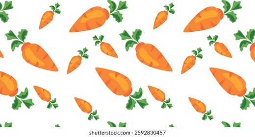 carrot seamless pattern with vibrant green leaves perfect for food and vegetable themed designs, ideal for packaging, branding, website backgrounds, textiles, and more in eco friendly, farm fresh styl