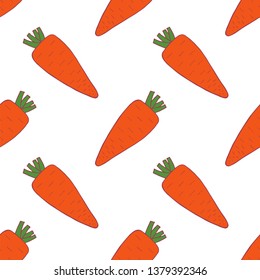 Carrot seamless pattern for wallpaper design. Fresh ripe color food. Organic healthy vegetable.  Raw, vegan, vegetarian food. Cartoon pattern on white backdrop. Vector doodle design. 