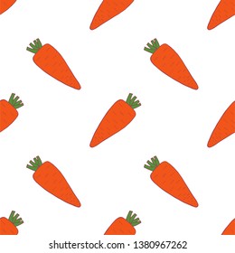 Carrot seamless pattern for wallpaper design. Fresh ripe color food. Organic healthy vegetable.  Raw, vegan, vegetarian food. Cartoon pattern on white backdrop. Vector doodle design. 