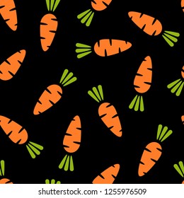 Ilustración plana vectorial de fondo vegetal transparente. El fondo de la comida fresca en tonos negros y naranjas con verduras de zanahoria sin fisuras para una decoración saludable de dieta o una impresión de tela vegana.