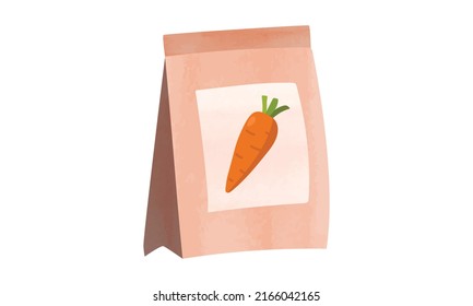 Carrot seeds package watercolor illustration isolated on white background. Pack of carrot seeds clipart cartoon style. Vegetable seeds package watercolor drawing. Garden work. Garden package of seeds