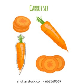 Carrot set made in cartoon flat style. Label for markets, shops, garden vegetables. Organic nutrition.