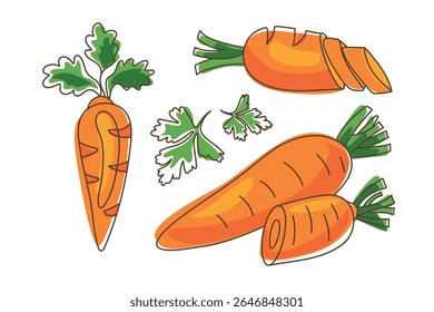 Cenoura conjunto com vegetais inteiros, fatias e salsa verde em estilo de desenho animado plano divertido isolado no fundo branco