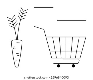 A carrot and a shopping cart in a minimalist outline style. Ideal for grocery shopping, healthy food, nutrition, agriculture, and eco-friendly themes. Black and white simple lines on a white