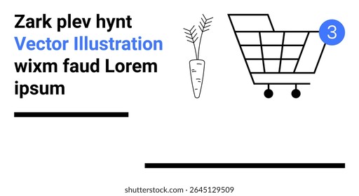 Cenoura, carrinho de compras e ícone de número com texto lorem ipsum, linhas minimalistas e esquema de cor azul preto. Ideal para e-commerce, compras de supermercado, conteúdo digital, anúncios, design de site, simplicidade