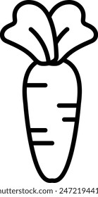 A carrot is shown in a black and white drawing. The carrot is the main focus of the image, and it is the most important part of the drawing