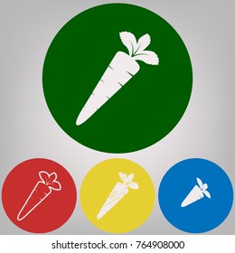 Carrot sign illustration. Vector. 4 white styles of icon at 4 colored circles on light gray background.