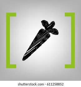 Carrot sign illustration. Vector. Black scribble icon in citron brackets on grayish background.