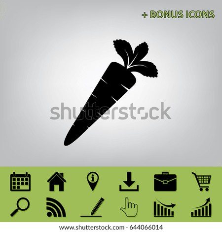 Carrot sign illustration. Vector. Black icon at gray background with bonus icons at celery ones