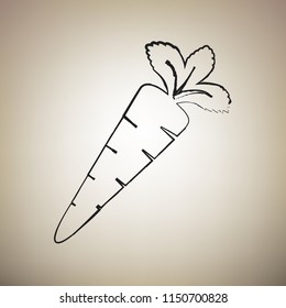 Carrot sign illustration. Vector. Brush drawed black icon at light brown background.