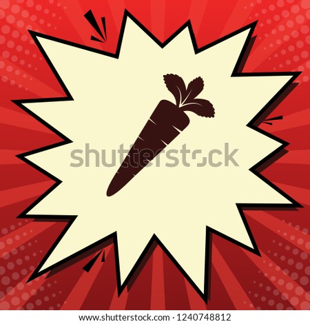 Carrot sign illustration. Vector. Dark red icon in lemon chiffon shutter bubble at red popart background with rays.