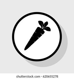 Carrot sign illustration. Vector. Flat black icon in white circle with shadow at gray background.
