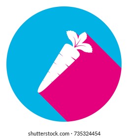 Carrot sign illustration. Vector. Flat white icon with mexican pink shadow inside sky blue(S and G) circle at white background. Isolated. Trend colors in 2017.