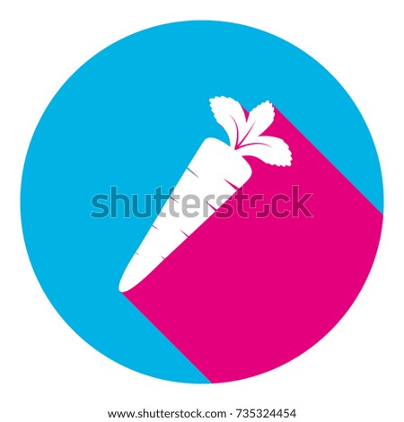 Carrot sign illustration. Vector. Flat white icon with mexican pink shadow inside sky blue(S and G) circle at white background. Isolated. Trend colors in 2017.