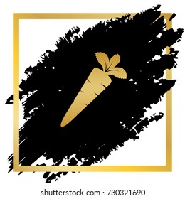 Carrot sign illustration. Vector. Golden icon at black spot inside golden frame on white background.
