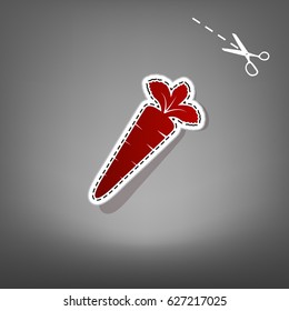 Carrot sign illustration. Vector. Red icon with for applique from paper with shadow on gray background with scissors.