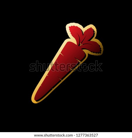 Carrot sign illustration. Vector. Red icon with small black and limitless shadows at golden sticker on black background.