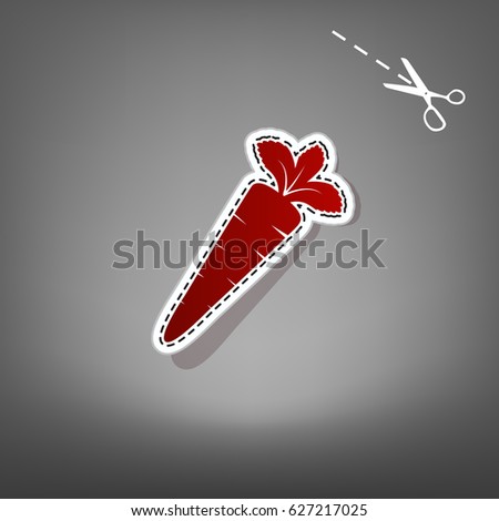 Carrot sign illustration. Vector. Red icon with for applique from paper with shadow on gray background with scissors.