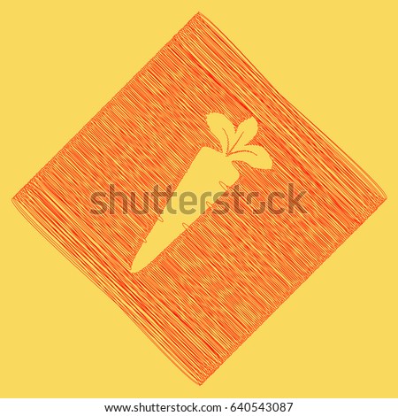 Carrot sign illustration. Vector. Red scribble icon obtained as a result of subtraction rhomb and path. Royal yellow background.