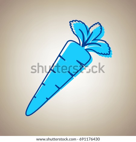 Carrot sign illustration. Vector. Sky blue icon with defected blue contour on beige background.