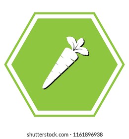 Carrot sign illustration. Vector. White icon with black shadow at yellow green honeycomb on white background.