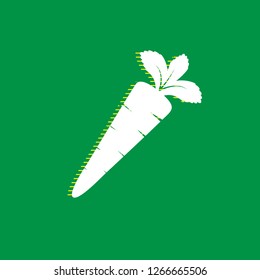 Carrot sign illustration. Vector. White flat icon with yellow striped shadow at green background.