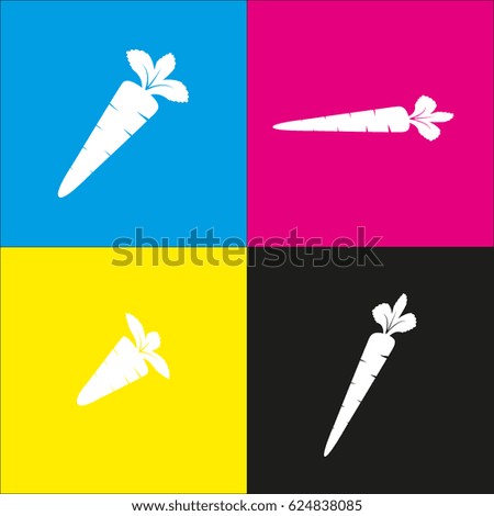 Carrot sign illustration. Vector. White icon with isometric projections on cyan, magenta, yellow and black backgrounds.