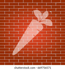 Carrot sign illustration. Vector. Whitish icon on brick wall as background.