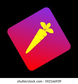 Carrot sign illustration. Vector. Yellow icon at violet-red gradient square with rounded corners rotated for dynamics on black background.