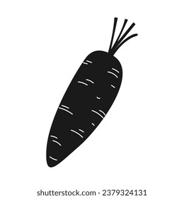 Carrot silhouette. Silhouette of Carrot in black and white colors. Hand Drawn Carrot isolated on white background. vector illustration. Cartoon Carrot Vegetable in black silhouette.
