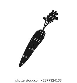 Carrot silhouette. Silhouette of Carrot in black and white colors. Hand Drawn Carrot isolated on white background. vector illustration. Cartoon Carrot Vegetable in black silhouette.