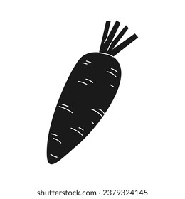 Carrot silhouette. Silhouette of Carrot in black and white colors. Hand Drawn Carrot isolated on white background. vector illustration. Cartoon Carrot Vegetable in black silhouette.