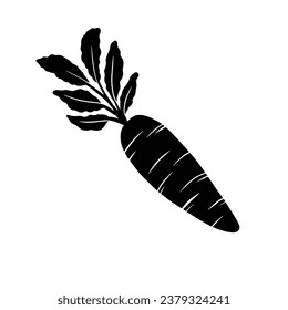 Carrot silhouette. Silhouette of Carrot in black and white colors. Hand Drawn Carrot isolated on white background. vector illustration. Cartoon Carrot Vegetable in black silhouette.