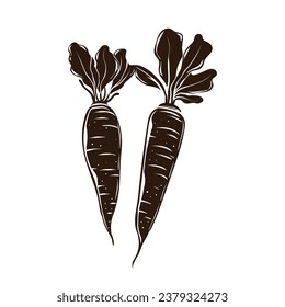 Carrot silhouette. Silhouette of Carrot in black and white colors. Hand Drawn Carrot isolated on white background. vector illustration. Cartoon Carrot Vegetable in black silhouette.