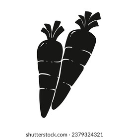 Carrot silhouette. Silhouette of Carrot in black and white colors. Hand Drawn Carrot isolated on white background. vector illustration. Cartoon Carrot Vegetable in black silhouette.