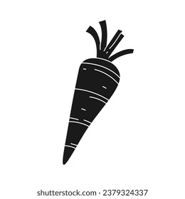 Carrot silhouette. Silhouette of Carrot in black and white colors. Hand Drawn Carrot isolated on white background. vector illustration. Cartoon Carrot Vegetable in black silhouette.