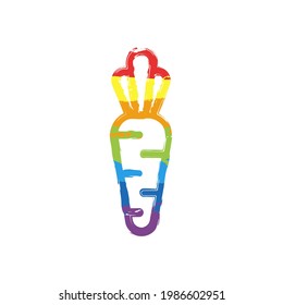 Carrot, silhouette of food, simple icon. Drawing sign with LGBT style, seven colors of rainbow (red, orange, yellow, green, blue, indigo, violet
