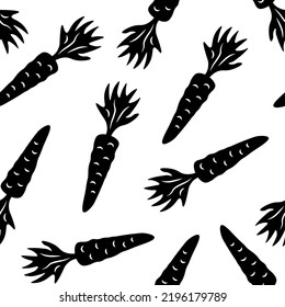 Carrot Silhouette Seamless Pattern. Simple Repeat Vector Illustration With Falling Carrot Root With Leaves For Packaging, Gardening, Farming, Wrapping, Textile