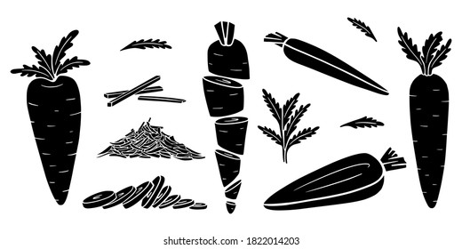 Carrot silhouettes in Doodle style. Collection of hand-drawn vegetables. A set of elements isolated on a white background. For food packaging design, Black and white vector illustration