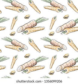 Carrot, sketch pattern. Seamless pattern, hand drawn carrot. Vector pattern on a transparent background.