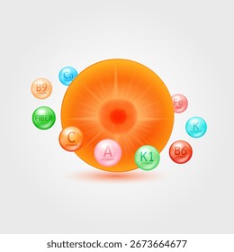 Rodaja de zanahoria rodeada de vitaminas y minerales. Las frutas en vitamina C son esenciales para la atención médica. Suplementos alternativos naturales. Ilustración vectorial.