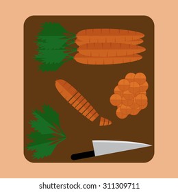 Carrot sliced on wood butcher with knife top view. Vector illustration.